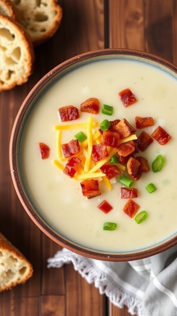 A bowl of loaded cauliflower soup with bacon and cheese, garnished with green onions, on a rustic wooden table with bread.